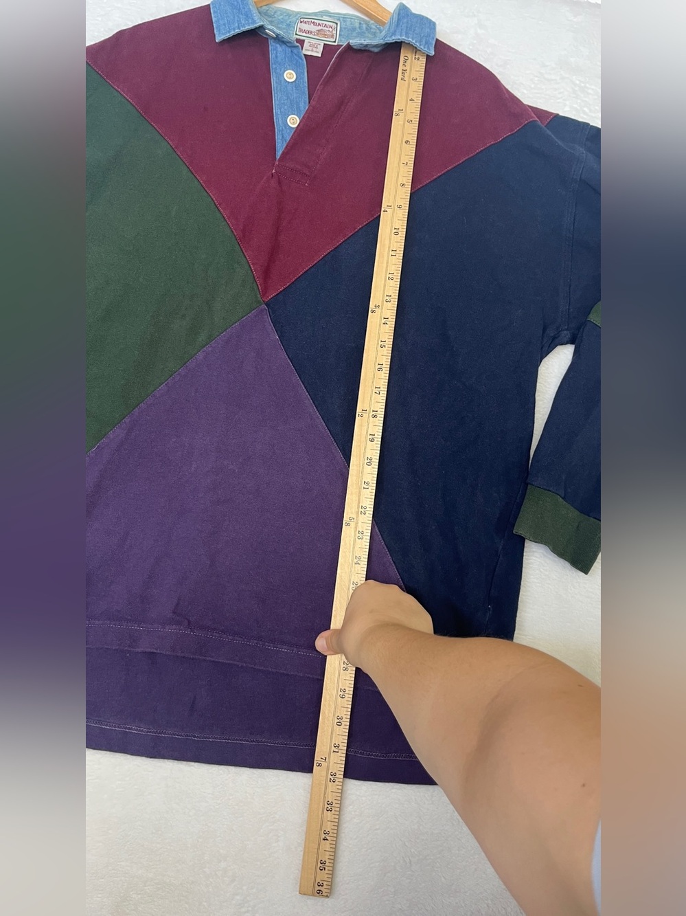 VTG White Mountain Traders Harlequin Multicolor Rugby Denim PoloShirt sz L 90s - Picture 9 of 11